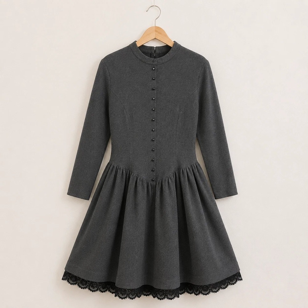 VINTAGE Geoffrey Beene for Gallant Dress Women 4 Gray Lace Trim Long Sleeve Wool